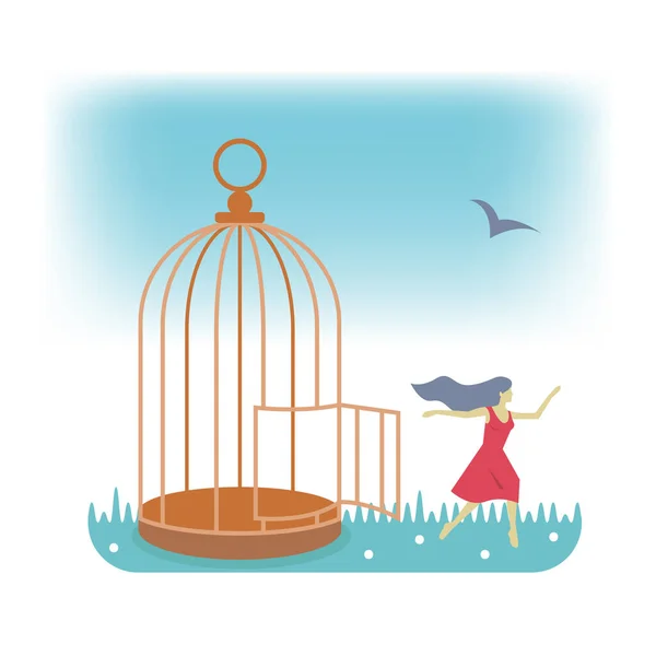 Woman running out of cage. Freedom from abuse concept — Stock Vector