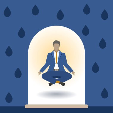 Yağmurdan korunan takım elbiseli bir iş adamı. Olumlu düşünme, rahatlama ve konsantrasyon için metafor. Vektör illüstrasyonu