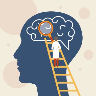 İnsan beyni konsepti üzerine çalışıyorum. Bilimadamı beyin ve bilimsel keşifleri inceliyor. Psikoloji illüstrasyonu