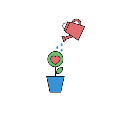 Sulama tenekesi, kalp, çiçek. Aşk, yardım ve bakım vektör kavramı.