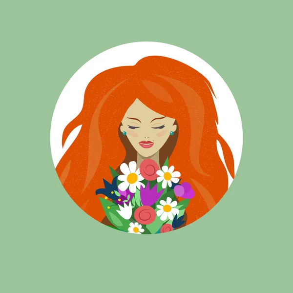 Mulher Com Flores Ilustração Para Dia Março Menina Com Buquê — Vetor de Stock