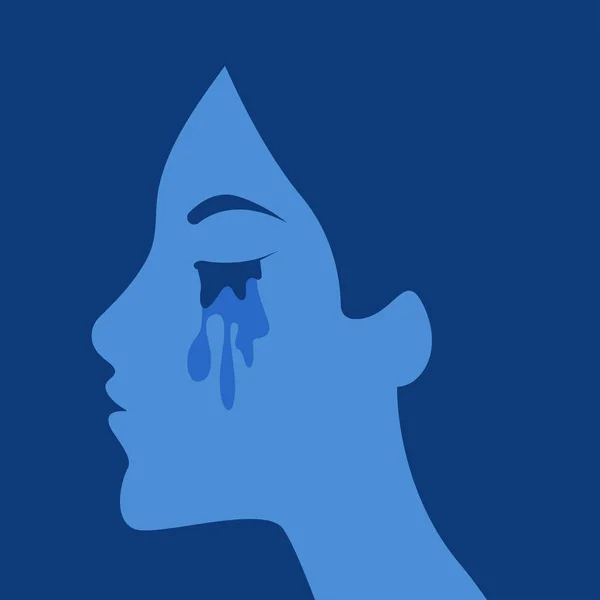 Tråkig Kvinna Med Droppe Ansiktet Profil Deprimerad Flicka Vektorillustration — Stock vektor