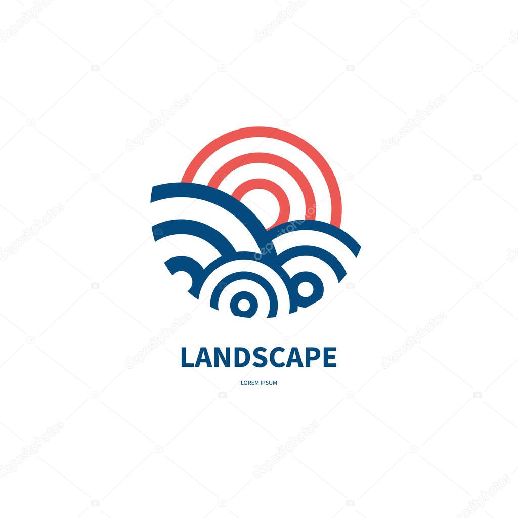 Logo for resort, hotel, travel agency, spa with sun and sea. Geometric abstract summer icon with ocean and sunrise. Vector illustratio