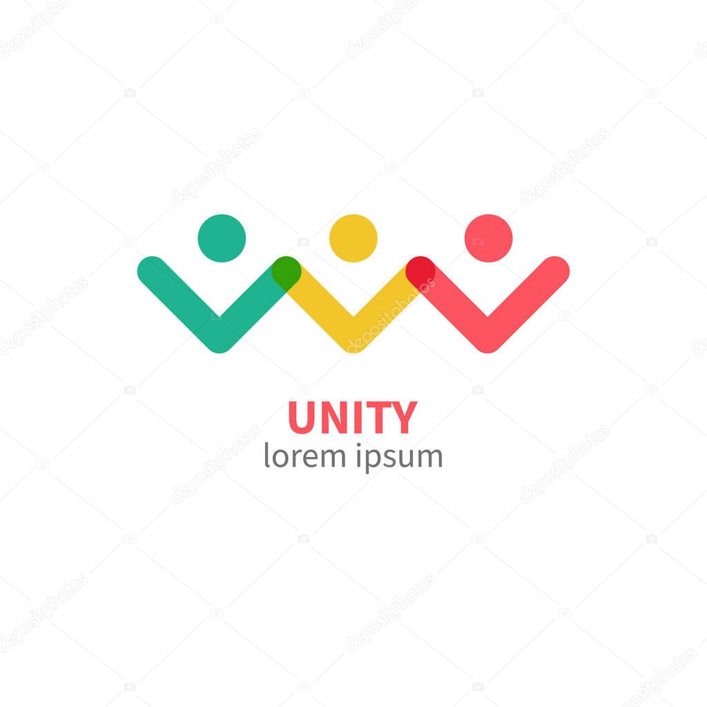 Unity logo. People holding hands. Community icon  isolated. Social relationships symbol. Vector illustration