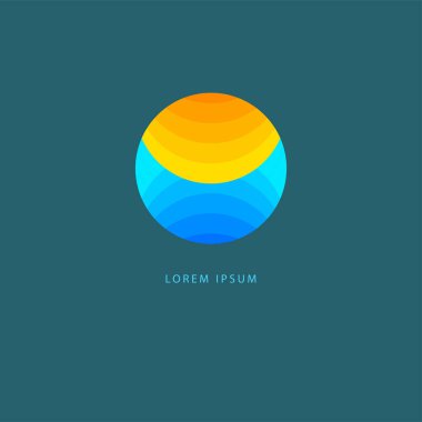 Yaz gezisi sembolü güneş ve deniz. Tropik tatil köyü logosu. Spa otel ikonu. Vektör illüstrasyonu