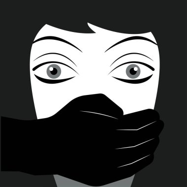 İllüstrasyon suistimali. Kadının ağzını kapatan adam. Aile içi şiddeti durdurun.