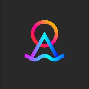 Güneşi, dağı ve nehri simgeleyen en küçük sembol. Seyahat konsepti. Seyahat acentesi logosu.