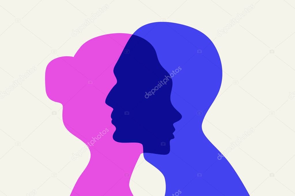 Relationship between man and woman. Male and female profiles. Love isymbol. Dating and romantic relationships sign