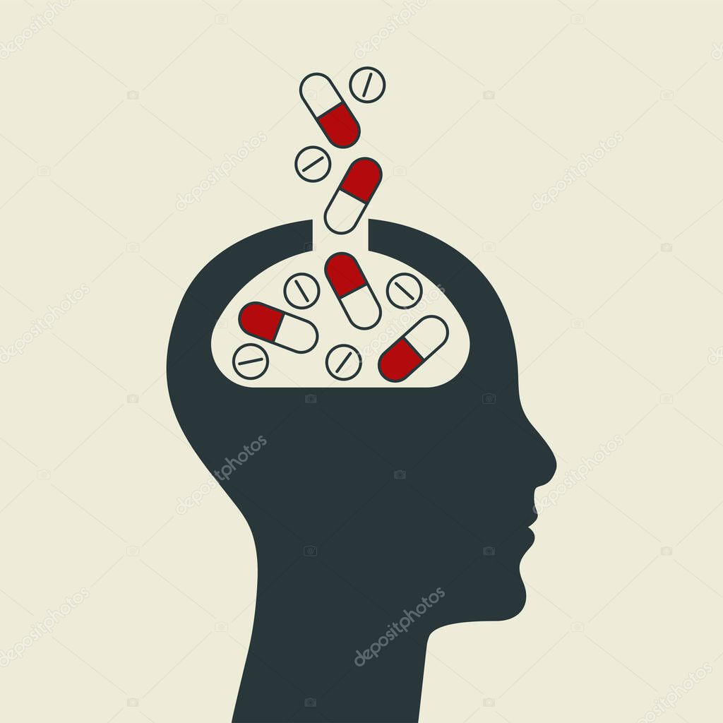 Pills and brain symbol. Profile of person with falling capsules. Treatment of depression. Therapy of mental disorders sign. Drug overdose concept. Psychiatry logo