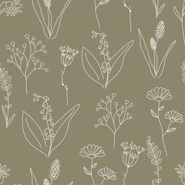 İnce çizgide çizilmiş kır çiçekleriyle kusursuz bir desen. Kumaş, tekstil ya da duvar kâğıdı için klasik çiçek baskısı. Özgeçmişinde çiçekler var. Vektör illüstrasyonu