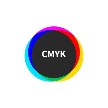 CMYK logosu. Baskı için yuvarlak sembol, renkli yazıcı. Tipografi simgesi.