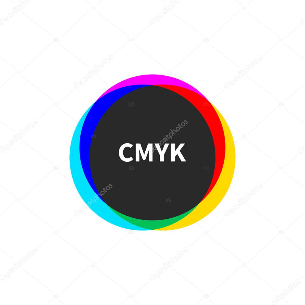 CMYK logo. Round symbol for printing, color printer. Typography icon.