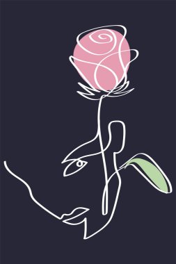 Rose 'la aynı çizgide çizilmiş bir kızın kadın yüzü. Genç kadın ve çiçekli güzellik ikonu. Güzel el çizimi kadın kafası