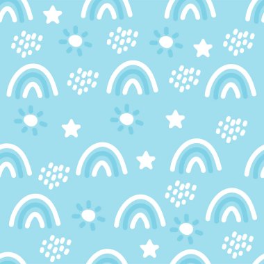 Tekstil ve kumaşlar için gökkuşağı, yıldız, yağmur ve güneş desenli kusursuz boho deseni. İskandinav baskısı. Yaz duvar kağıdı, arkaplan