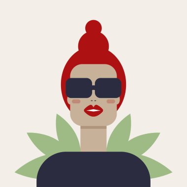 Düz çizim tarzında modern genç bir kadının portresi. Gözlüklü çekici kız. Yaz kadın güneş gözlüğü. Güzel bayan. Güzel surat.