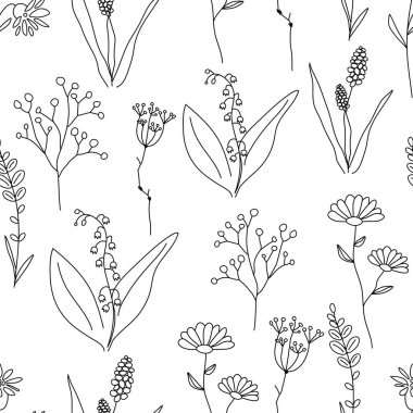 İnce çizgide çizilmiş kır çiçekleriyle kusursuz bir desen. Kumaş, tekstil ya da duvar kâğıdı için klasik çiçek baskısı. Özgeçmişinde çiçekler var. Vektör illüstrasyonu