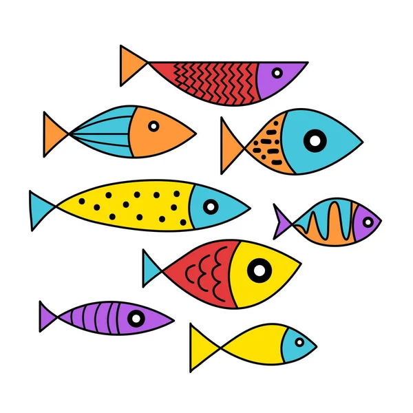 Conjunto Dibujos Animados Dibujado Mano Peces Planos Elementos Diseño Colección — Vector de stock