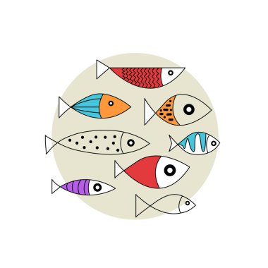 Çizgi film el çizimi düz balık. Tasarım elementleri, şirin balık koleksiyonu.