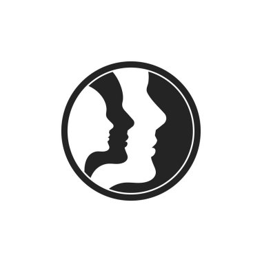 Üç insan logosu profili. Psikoloji işareti. Grup terapi logosu. Soyut simge çalıştırılıyor. Vektör illüstrasyonu