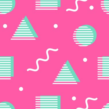 Memphis tarzında kusursuz bir desen. Moda geometrik arka planı üçgenler, daireler ve kareler. Renkli yaz afişi. Vektör illüstrasyonu