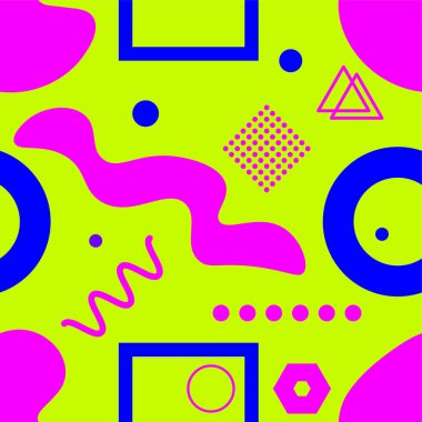 Memphis tarzında soyut şekilli kusursuz bir desen. Geometrik moda arka planı. Vektör illüstrasyonu
