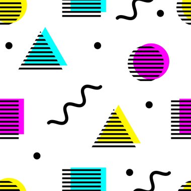 Memphis tarzında kusursuz bir desen. Moda geometrik arka planı üçgenler, daireler ve kareler. Renkli yaz afişi. Vektör illüstrasyonu