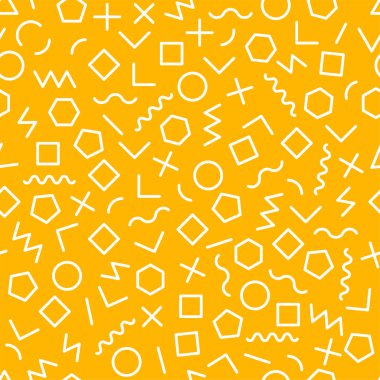 Memphis stilinde geometrik soyut bir arkaplan. Geometrik şekilli, kusursuz, yaratıcı bir retro model. Hippi dokusu. Vektör illüstrasyonu