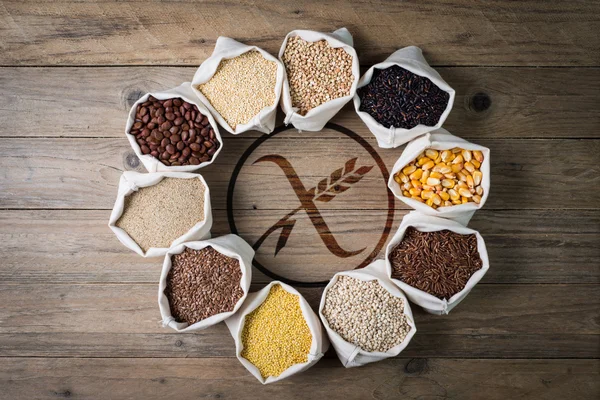 Gluten free cereals and seeds with logo — Stock Image Gluten free cereals and seeds with logo Stock Image