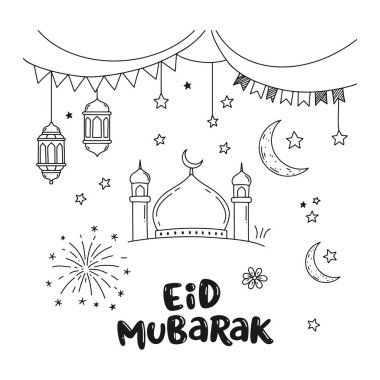 Cami feneri ayı ve şenlikli süslemelerle el yapımı Mübarek bayramı kutlaması.