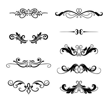 Vintage siyah bölücüler ve sınırlar ayarlandı, süslü filigran tasarım elementleri.