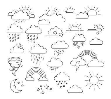 Siyah ve Beyaz Hava Simgeleri Bulutlu Yağmurlu Güneş Rüzgarı ve Kasırgası