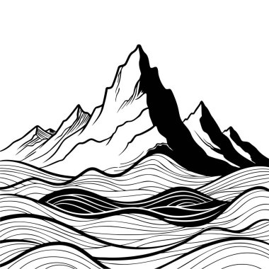 Soyut Dalga Çizgileri Önplan Vektörüyle Dramatik Dağ Manzarası Çizimi