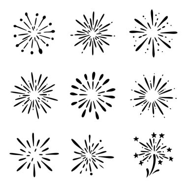 Siyah ve beyaz el güneş patlaması ya da havai fişek radyal patlama çizimi