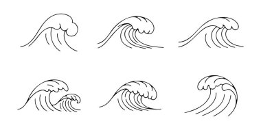Set of Hand Drawn Sea Ocean Waves Outline Black and White