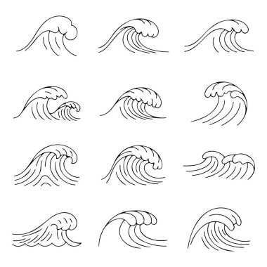 Okyanus Dalgaları El Çizimi Taslak Simgeleri Klasik Biçiminde Ayarlandı