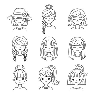 Bir dizi güzel el çizimi kız yüzü ve farklı saç stili çizimleri.