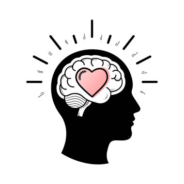 Beyin ve pembe kalp sağlığı kavramına sahip insan kafası silueti.