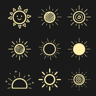 Çeşitli yaratıcı güneş ışınları dizaynlarıyla el çizimi güneş simgesi