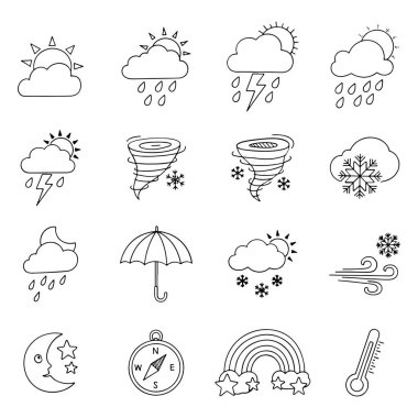 Güneş bulutları, yağmur ve fırtına sembolleri ile el çizimi hava simgeleri
