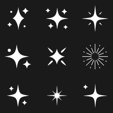 Beyaz parlak yıldızların toplanması ve siyah arkaplan üzerinde parlayan ışık efektleri