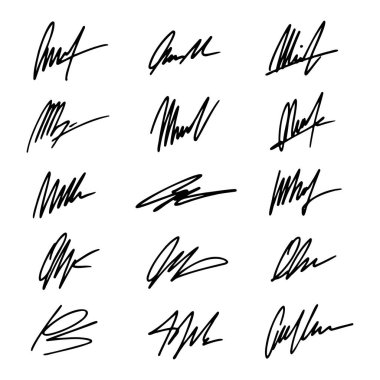 Beyaz arkaplanda izole edilmiş soyut siyah mürekkep imzaları koleksiyonu