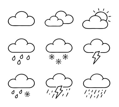 Mobil uygulama ve web tasarımı için hava tahmini çizgi simgeleri ayarlandı