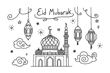Mübarek el çizimi cami ve dekoratif Arap fenerleriyle