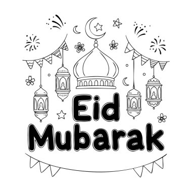 Cami fenerleri ve yıldızlarla el çizimi Mübarek boyama sayfası