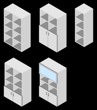 Beş kitap dolapları kümesi. İzometrik.