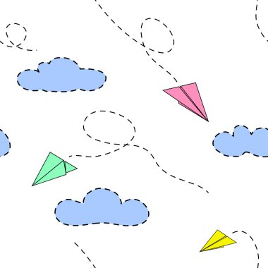 Kağıt Uçak ve bulutlar. Çocuklar için kullanılabilir. Sorunsuz vektör desen.