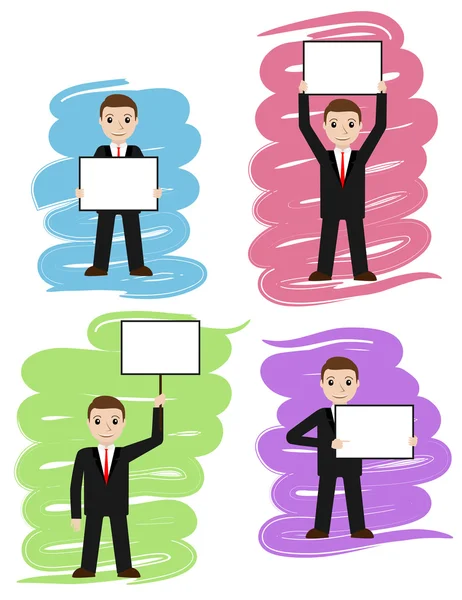 Businessman holds white board, signboard. — Stock Vector