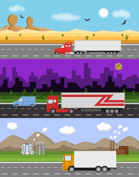 Het aantal vrachtwagens op de weg. Levering concept. — Stockvector