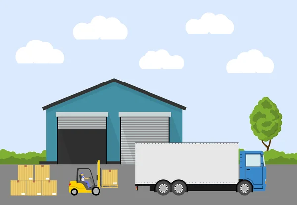 Vrachtwagen en lader in de buurt van magazijn. — Stockvector