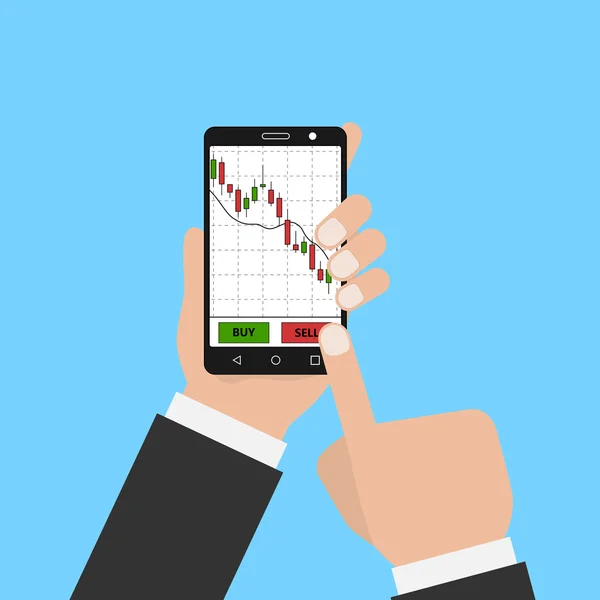 Mão segurando smartphone com gráfico de ações forex . — Vetor de Stock